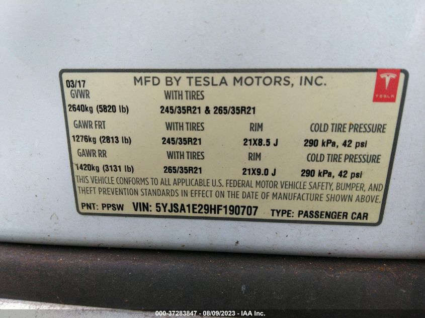 2017 TESLA MODEL S 100D/90D/75D/60D/P100D - 5YJSA1E29HF190707