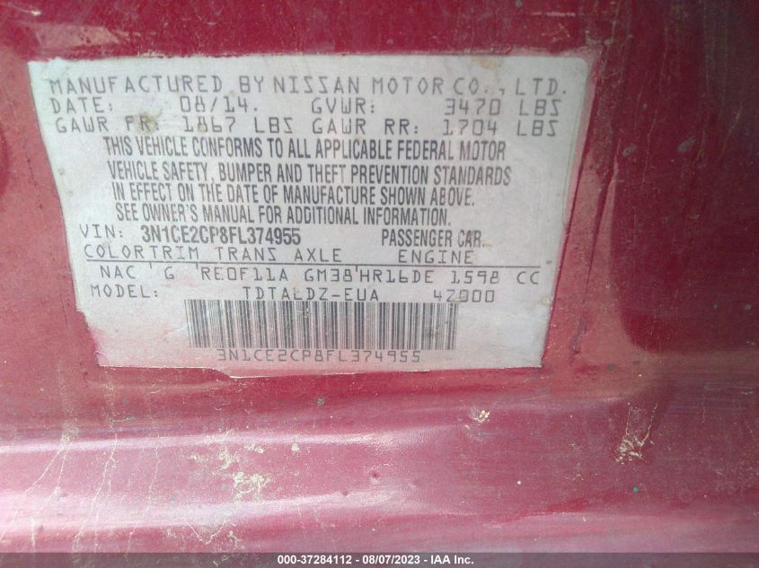 2015 NISSAN VERSA NOTE S/S PLUS/SV/SR/SL - 3N1CE2CP8FL374955