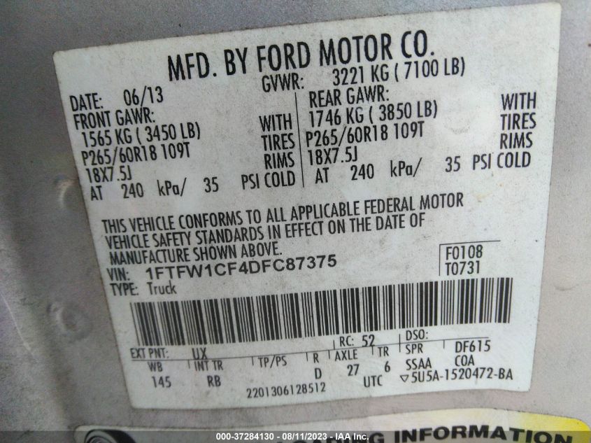 2013 FORD F-150 XL/XLT/FX2/LARIAT - 1FTFW1CF4DFC87375