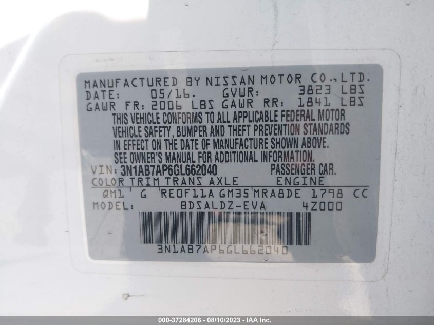 2016 NISSAN SENTRA SR/SL/S/SV/FE+ S - 3N1AB7AP6GL662040