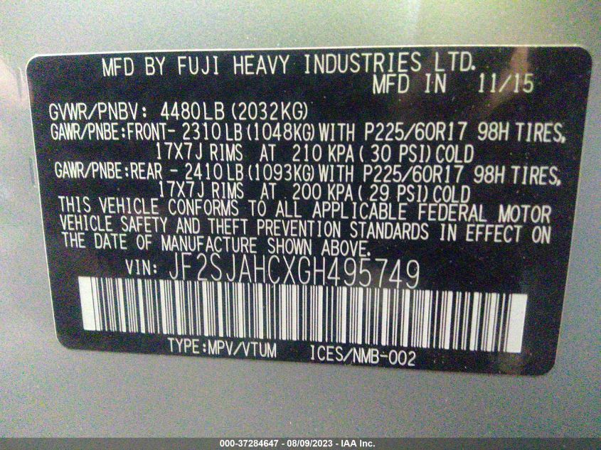 2016 SUBARU FORESTER 2.5I LIMITED - JF2SJAHCXGH495749