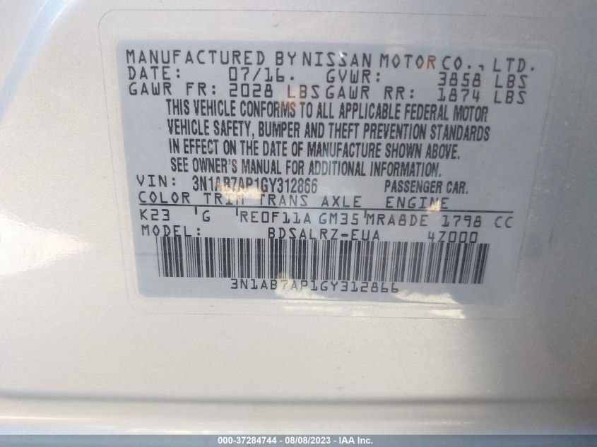 2016 NISSAN SENTRA SR - 3N1AB7AP1GY312866