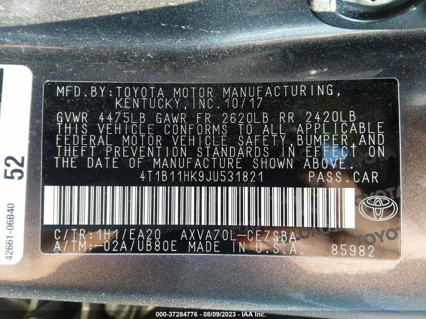 2018 TOYOTA CAMRY LE/SE/XLE/L - 4T1B11HK9JU531821