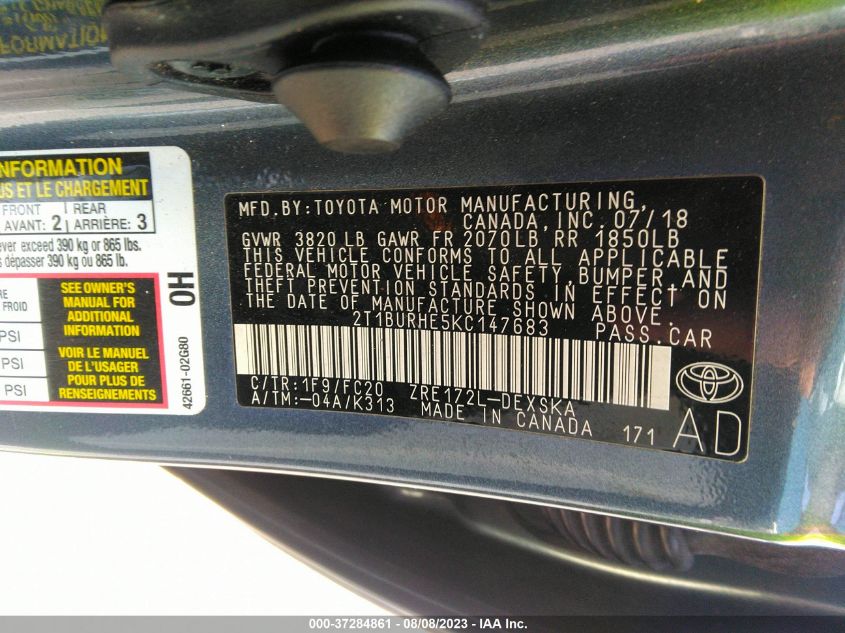 2019 TOYOTA COROLLA L/LE/SE/XLE/XSE - 2T1BURHE5KC147683