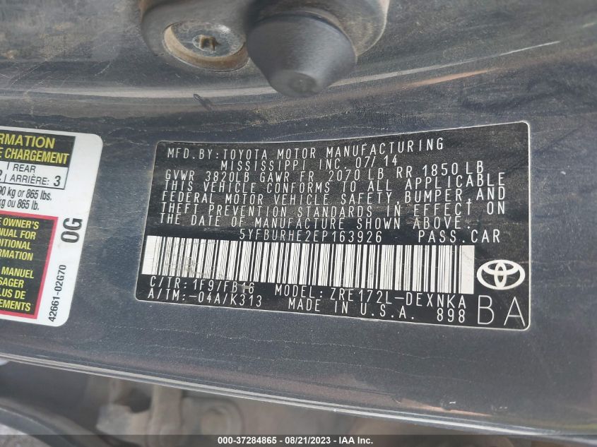 2014 TOYOTA COROLLA L/LE/S/S PLUS/LE PLUS - 5YFBURHE2EP163926