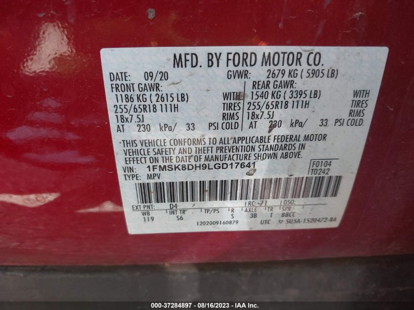 2020 FORD EXPLORER XLT - 1FMSK8DH9LGD17641