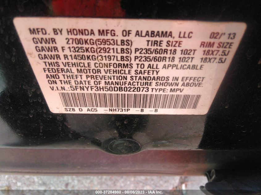 2013 HONDA PILOT EX-L - 5FNYF3H50DB022073