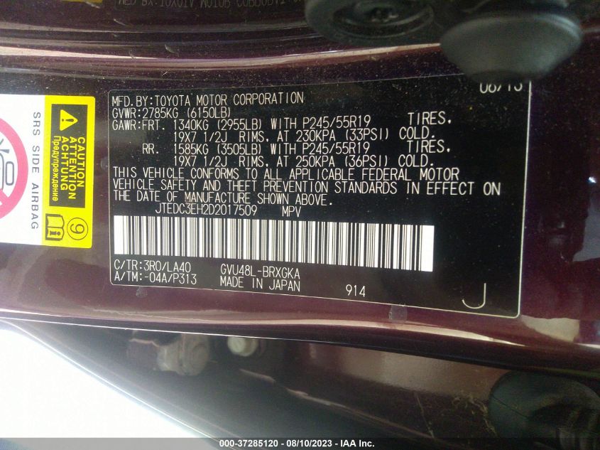 2013 TOYOTA HIGHLANDER HYBRID LIMITED JTEDC3EH2D2017509