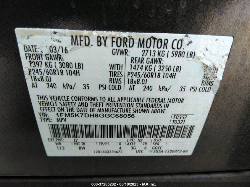 2016 FORD EXPLORER XLT - 1FM5K7DH8GGC68056