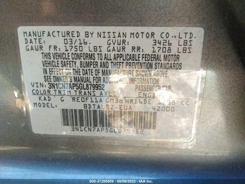 2016 NISSAN VERSA SV - 3N1CN7AP5GL879952