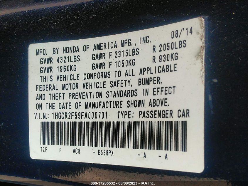 2015 HONDA ACCORD SEDAN SPORT - 1HGCR2F59FA000701