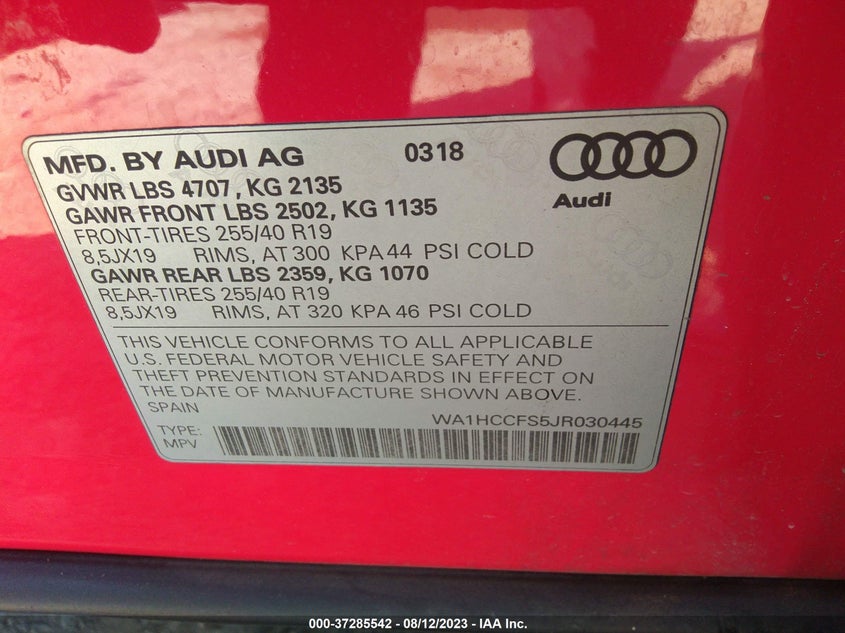 VIN WA1HCCFS5JR030445 2018 AUDI Q3 PREMIUM PLUS