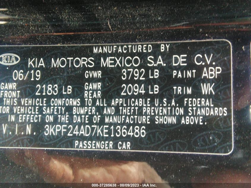 2019 KIA FORTE LXS - 3KPF24AD7KE136486