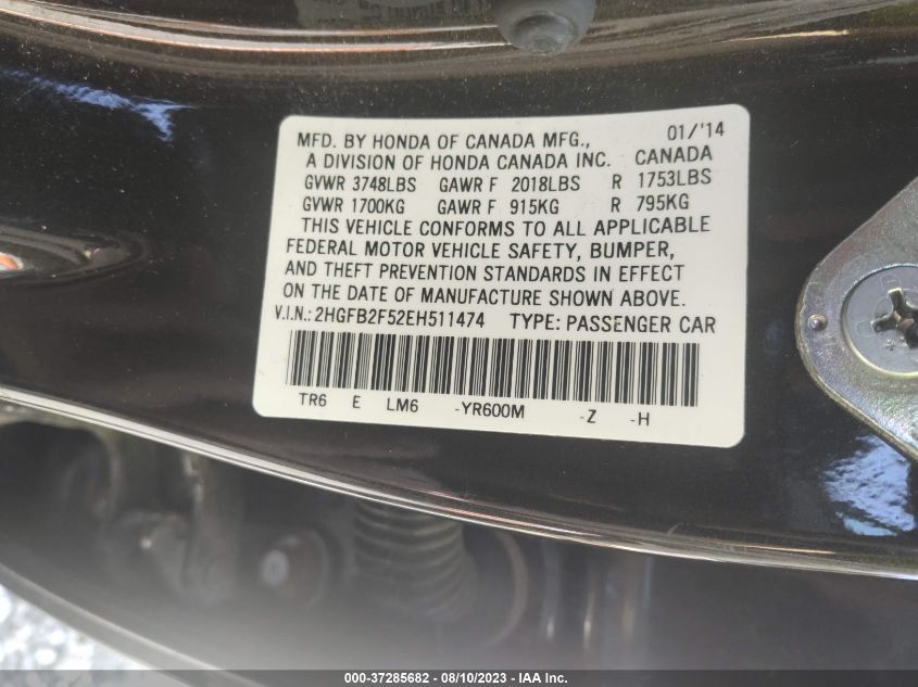 2014 HONDA CIVIC SEDAN LX - 2HGFB2F52EH511474