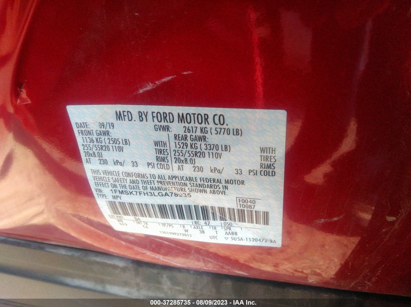VIN 1FMSK7FH3LGA78935 2020 FORD EXPLORER LIMITED