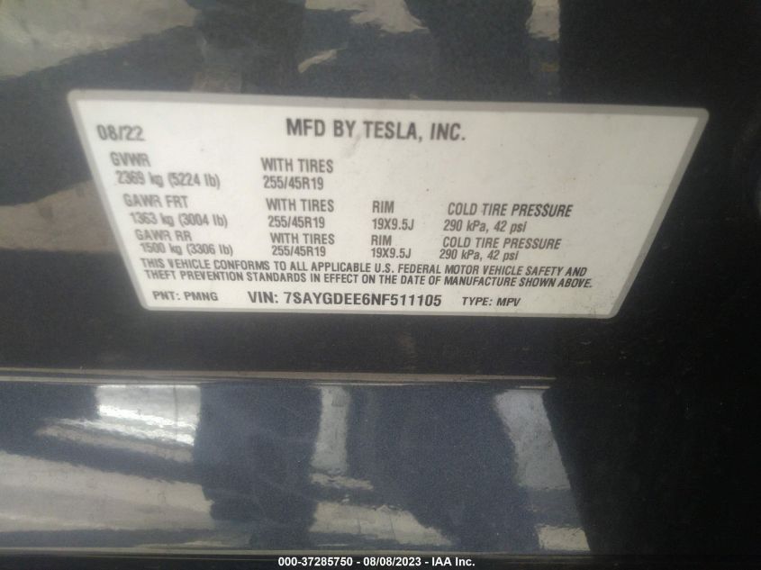 7SAYGDEE6NF511105 Tesla Model Y LONG RANGE 9