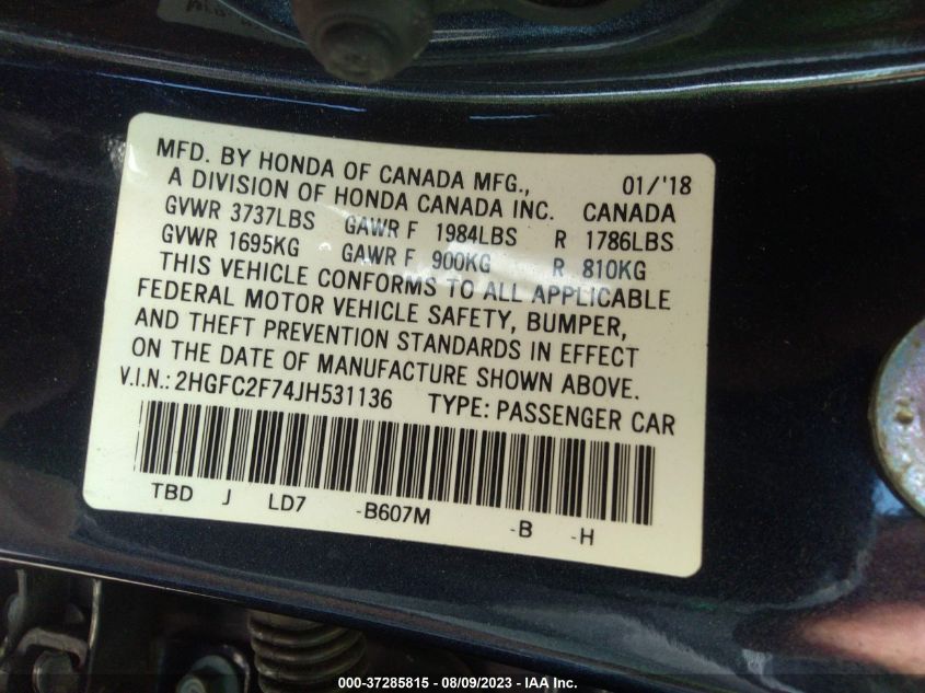 2018 HONDA CIVIC SEDAN EX - 2HGFC2F74JH531136