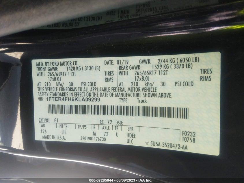 VIN 1FTER4FH6KLA09299 2019 FORD RANGER XL/XLT/LARIAT