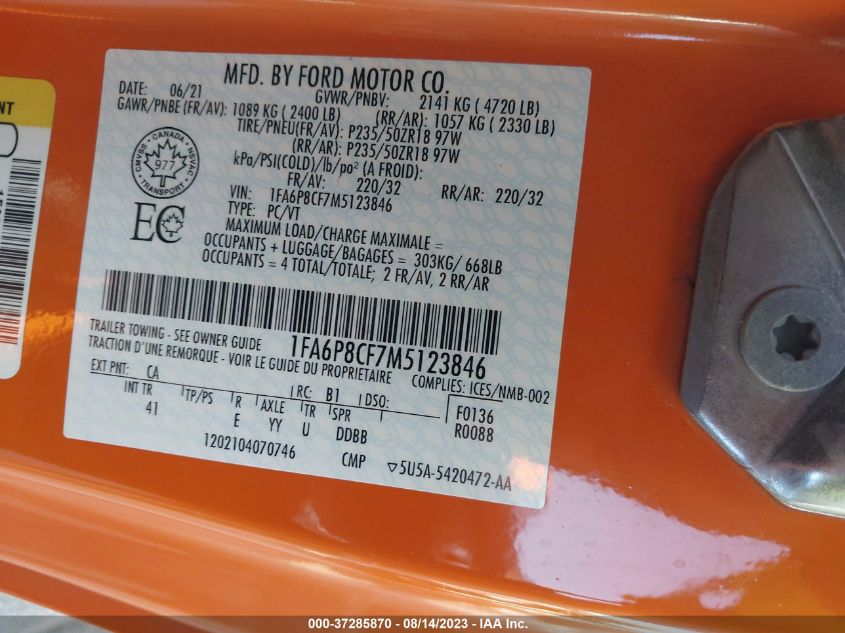2021 FORD MUSTANG GT - 1FA6P8CF7M5123846