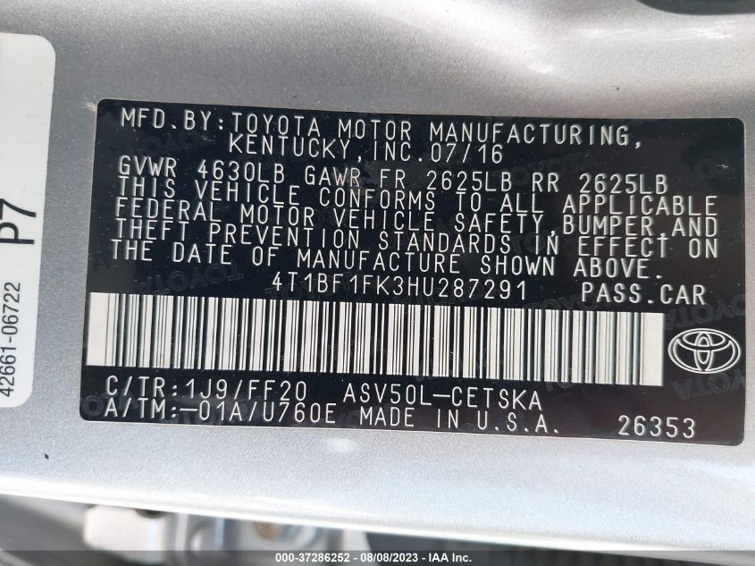 2017 TOYOTA CAMRY XLE/SE/LE/XSE - 4T1BF1FK3HU287291