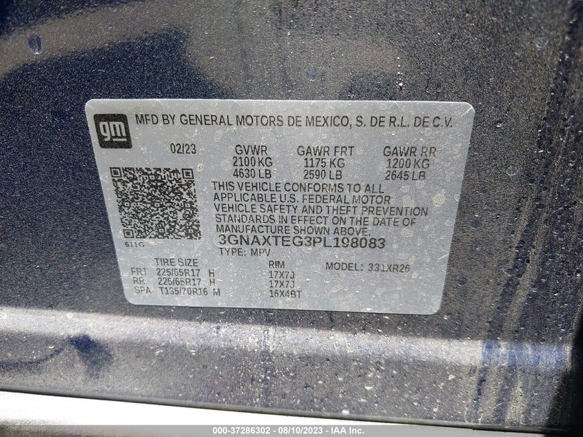VIN 3GNAXTEG3PL198083 2023 CHEVROLET EQUINOX LT