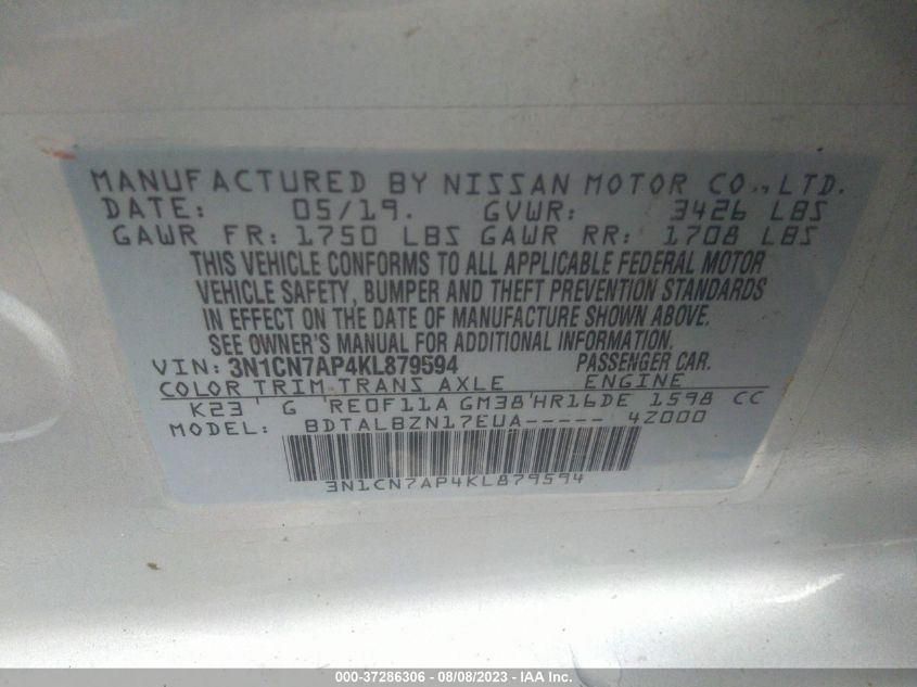 2019 NISSAN VERSA SEDAN SV - 3N1CN7AP4KL879594