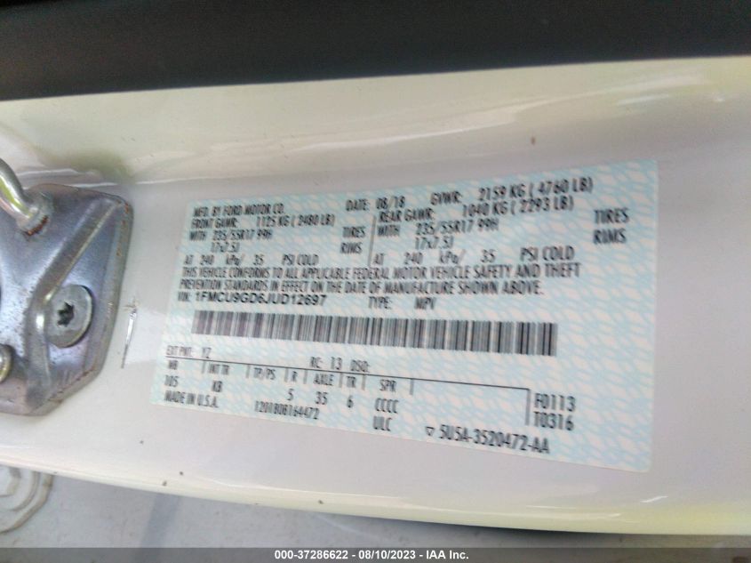 2018 FORD ESCAPE SE - 1FMCU9GD6JUD12697