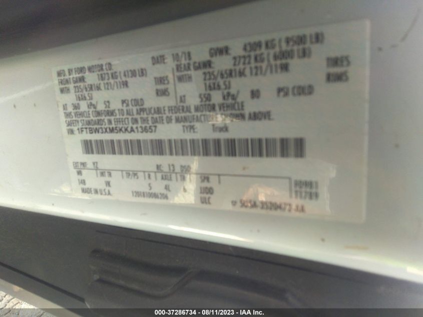 2019 FORD TRANSIT VAN - 1FTBW3XM5KKA13657