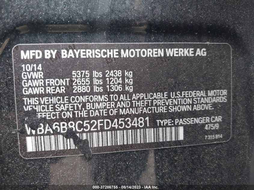2015 BMW 6 SERIES 640I XDRIVE WBA6B8C52FD453481