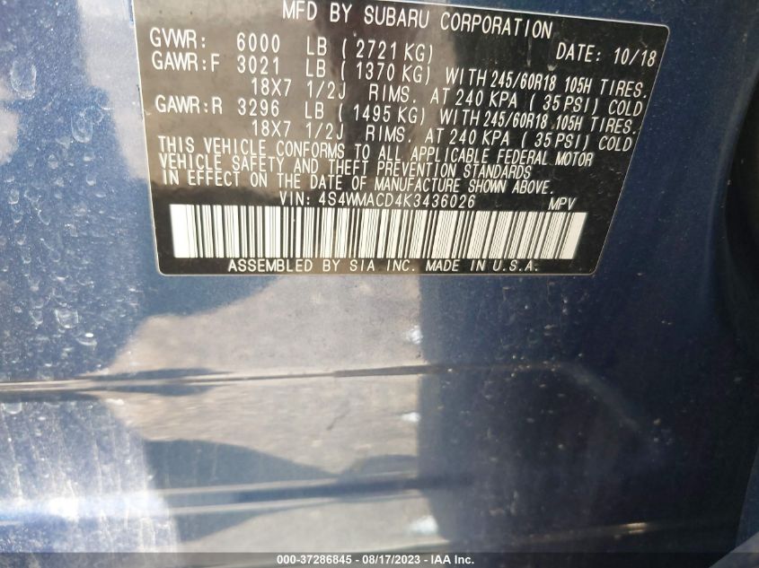 VIN 4S4WMACD4K3436026 2019 SUBARU ASCENT PREMIUM