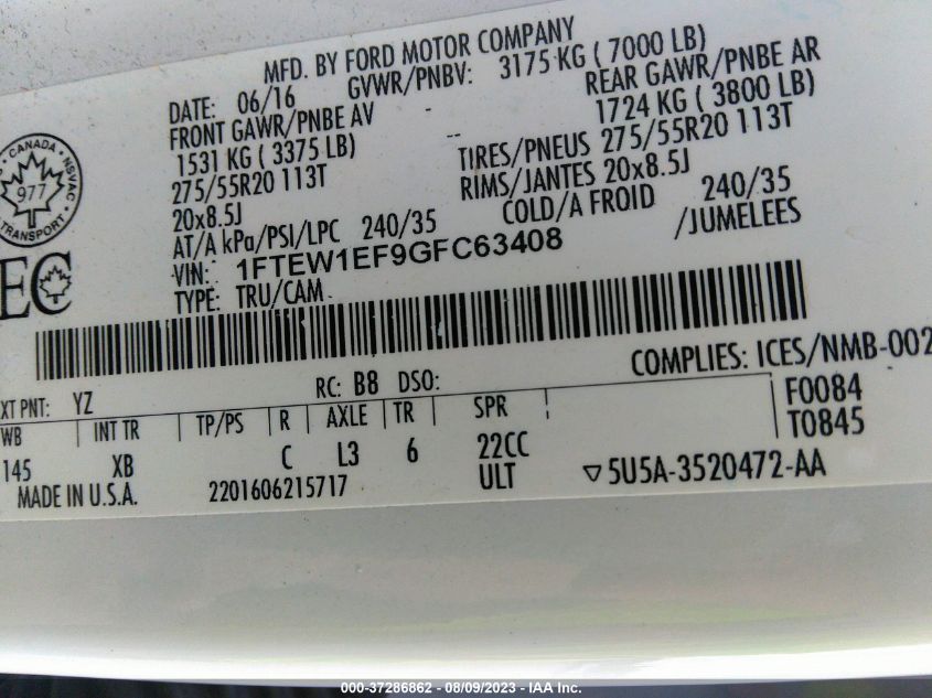 2016 FORD F-150 XLT/XL/LARIAT/PLATINUM - 1FTEW1EF9GFC63408