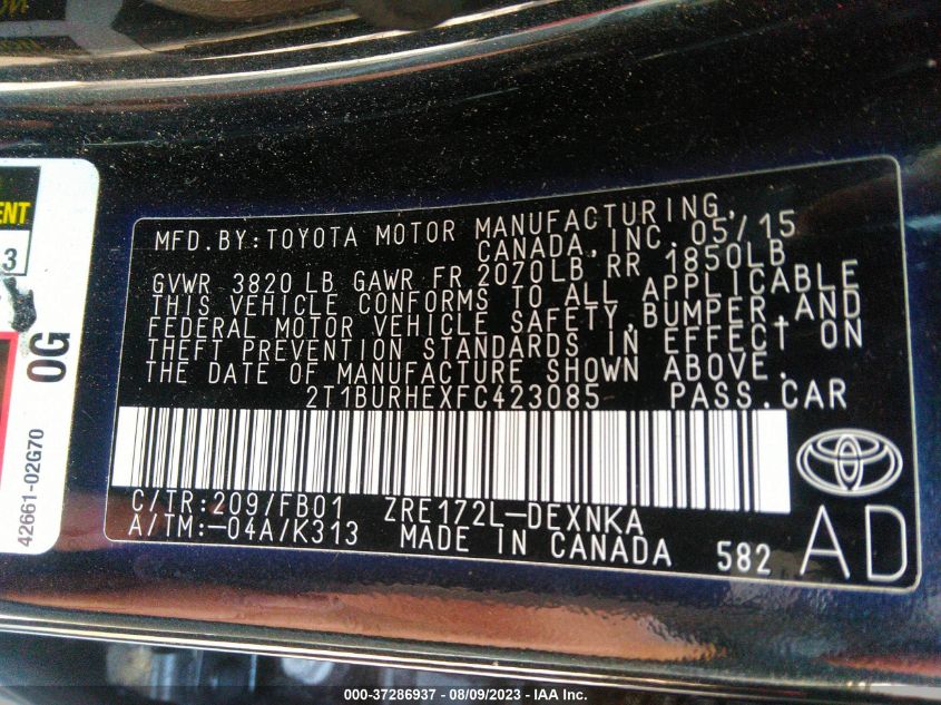 2015 TOYOTA COROLLA L/LE/S/S PLUS/LE PLUS - 2T1BURHEXFC423085