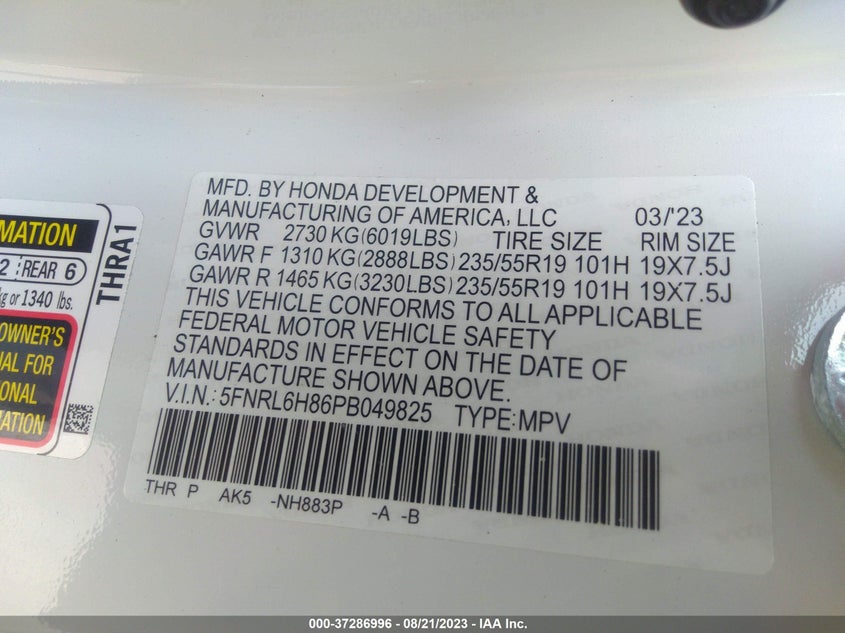 VIN 5FNRL6H86PB049825 2023 HONDA ODYSSEY TOURING
