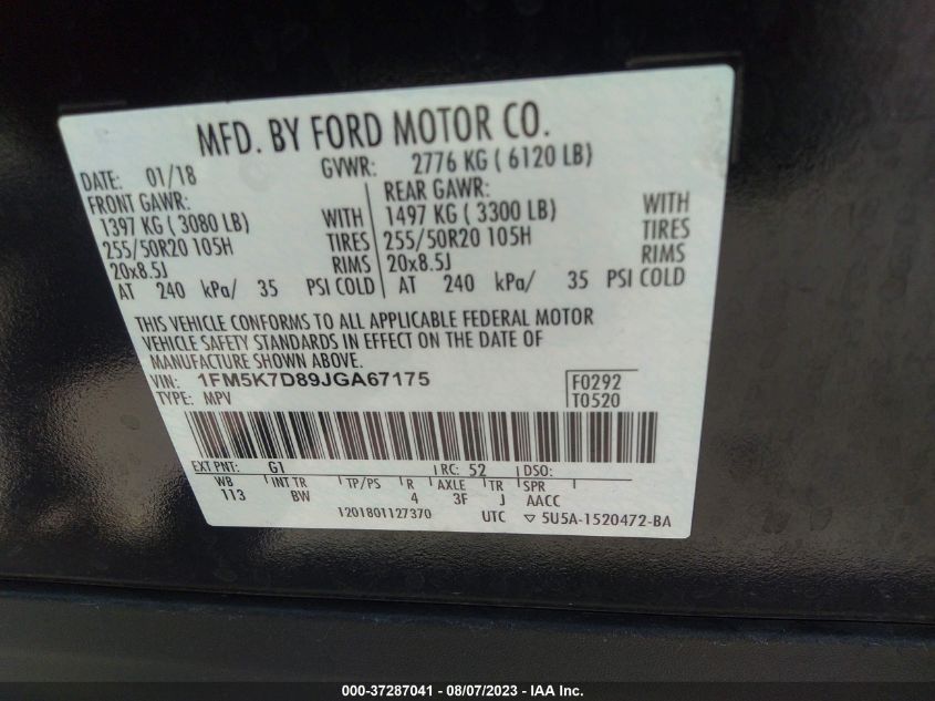 2018 FORD EXPLORER XLT - 1FM5K7D89JGA67175