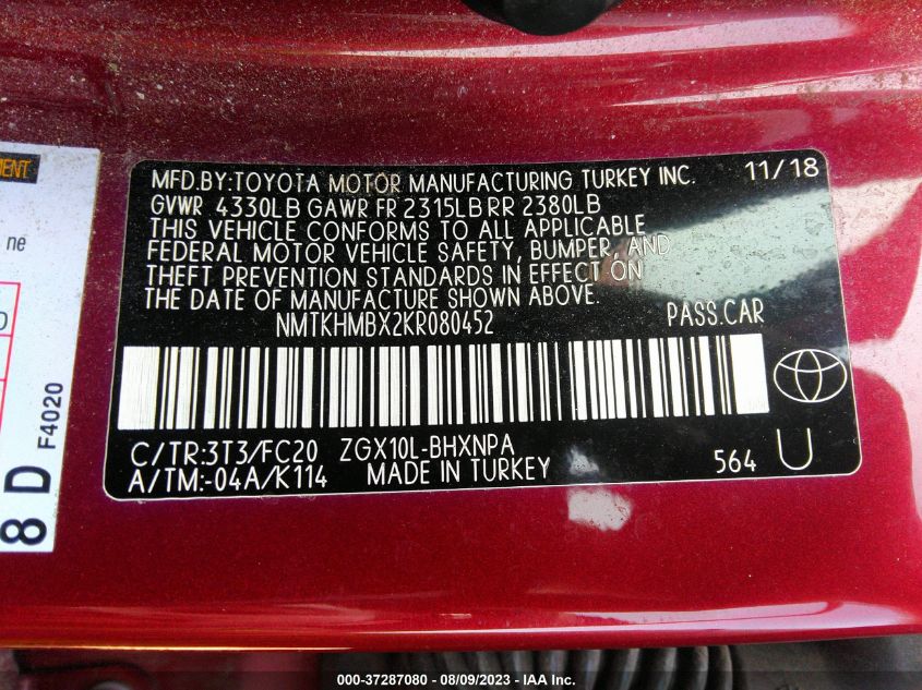 2019 TOYOTA C-HR XLE/LE/LIMITED - NMTKHMBX2KR080452