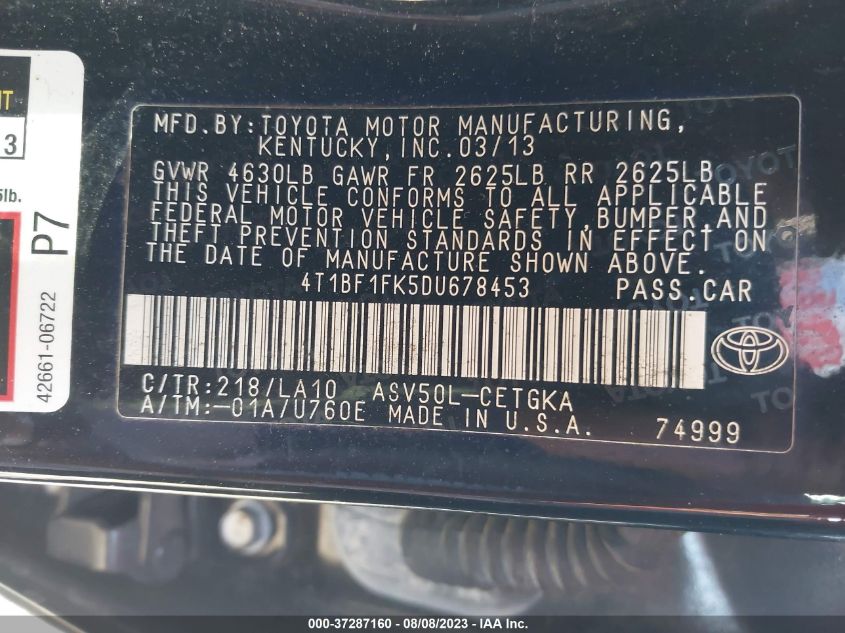 2013 TOYOTA CAMRY L/LE/SE/XLE - 4T1BF1FK5DU678453