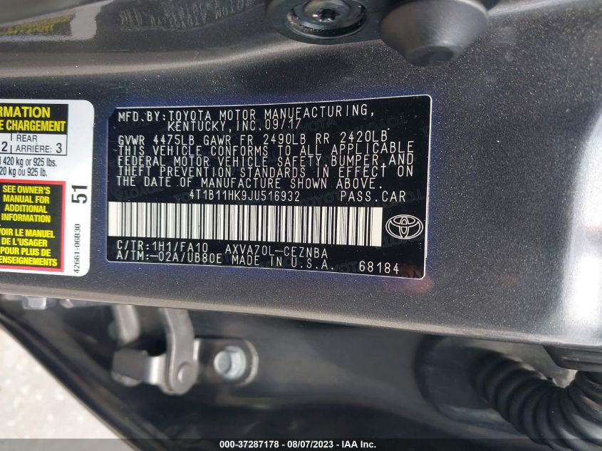 2018 TOYOTA CAMRY LE - 4T1B11HK9JU516932