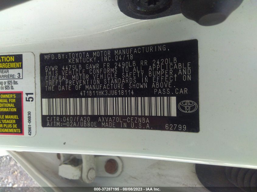 2018 TOYOTA CAMRY LE/SE/XLE/L - 4T1B11HK3JU618114