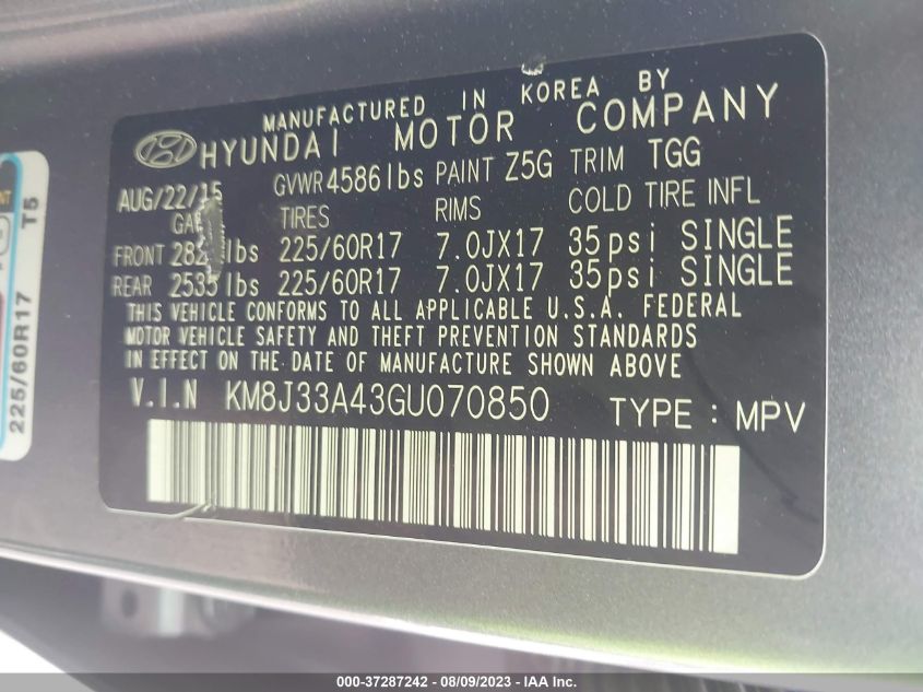 2016 HYUNDAI TUCSON LIMITED/SPORT AND ECO/SE - KM8J33A43GU070850