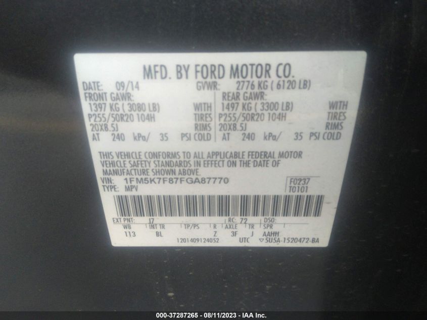 2015 FORD EXPLORER LIMITED - 1FM5K7F87FGA87770