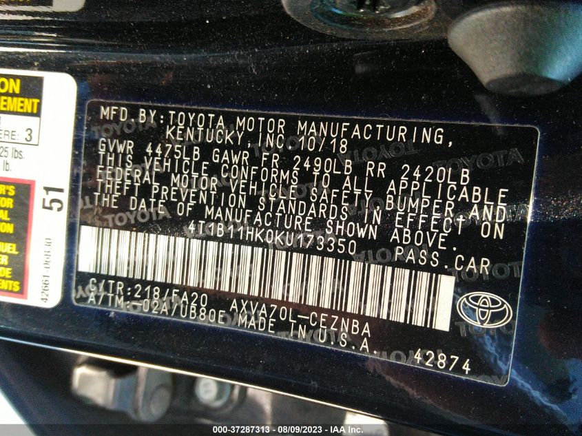 2019 TOYOTA CAMRY L/LE/XLE/SE/XSE - 4T1B11HK0KU173350