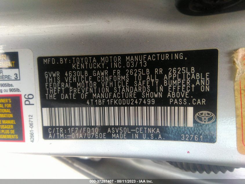 2013 TOYOTA CAMRY L/LE/SE/XLE - 4T1BF1FK0DU247499