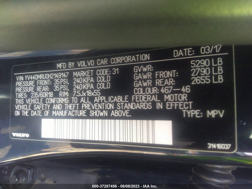 VIN YV440MRU0H2149147 2017 VOLVO XC60 INSCRIPTION