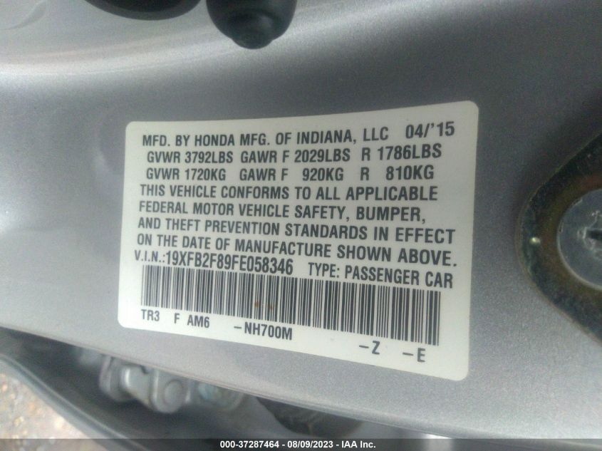 2015 HONDA CIVIC SEDAN EX - 19XFB2F89FE058346