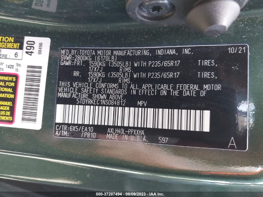 2022 TOYOTA SIENNA XLE - 5TDYRKEC1NS084812