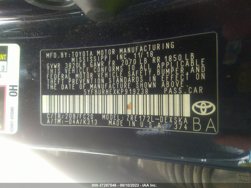 2019 TOYOTA COROLLA L/LE/XLE/SE/XSE - 5YFBURHEXKP919238