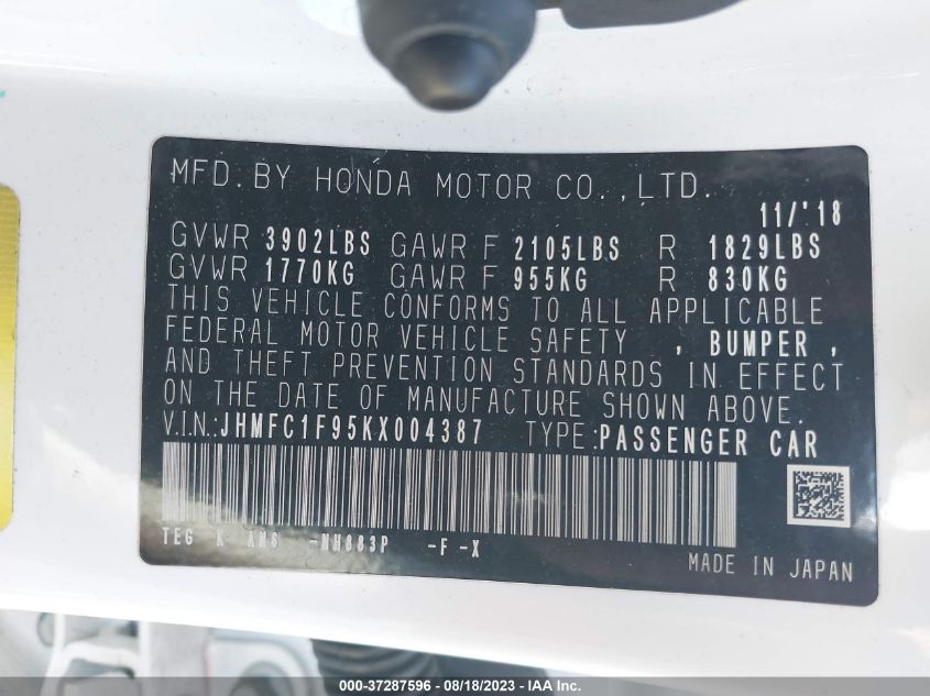 2019 HONDA CIVIC SEDAN TOURING - JHMFC1F95KX004387