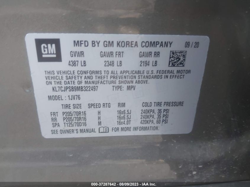 2021 CHEVROLET TRAX LT - KL7CJPSB9MB322497