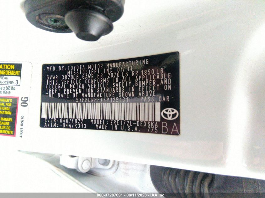 2014 TOYOTA COROLLA L/LE/S/S PLUS/LE PLUS - 5YFBURHE4EP125131