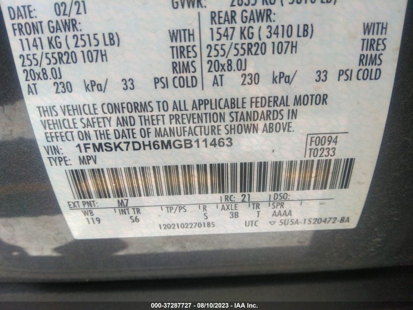 2021 FORD EXPLORER XLT - 1FMSK7DH6MGB11463